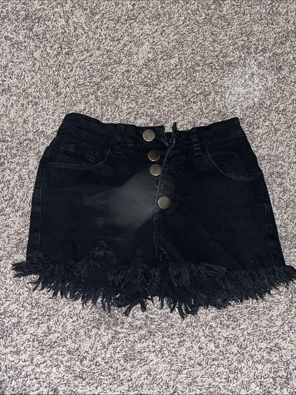 Black Frayed Hem Button-Front Denim Shorts